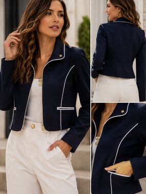 Anne Klein Navy Blue Zip Front Blazer Jacket White Piping Gold Hardware Office
